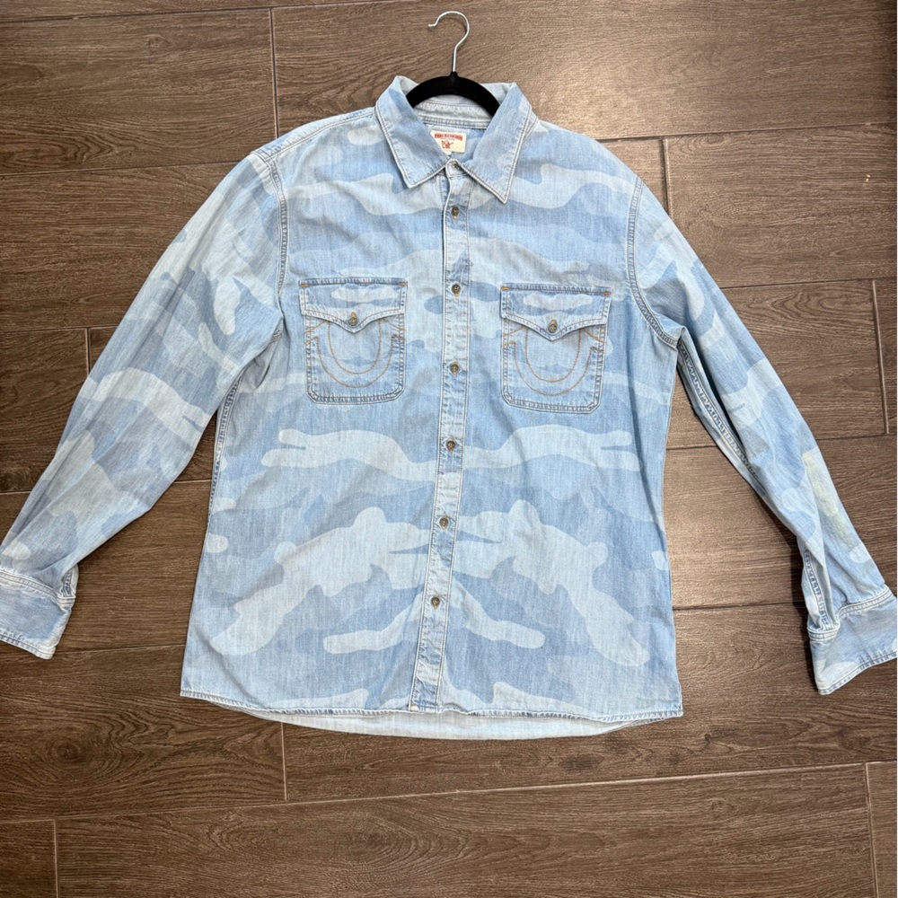 True Religion Light Blue Camouflage Button Down Shirt